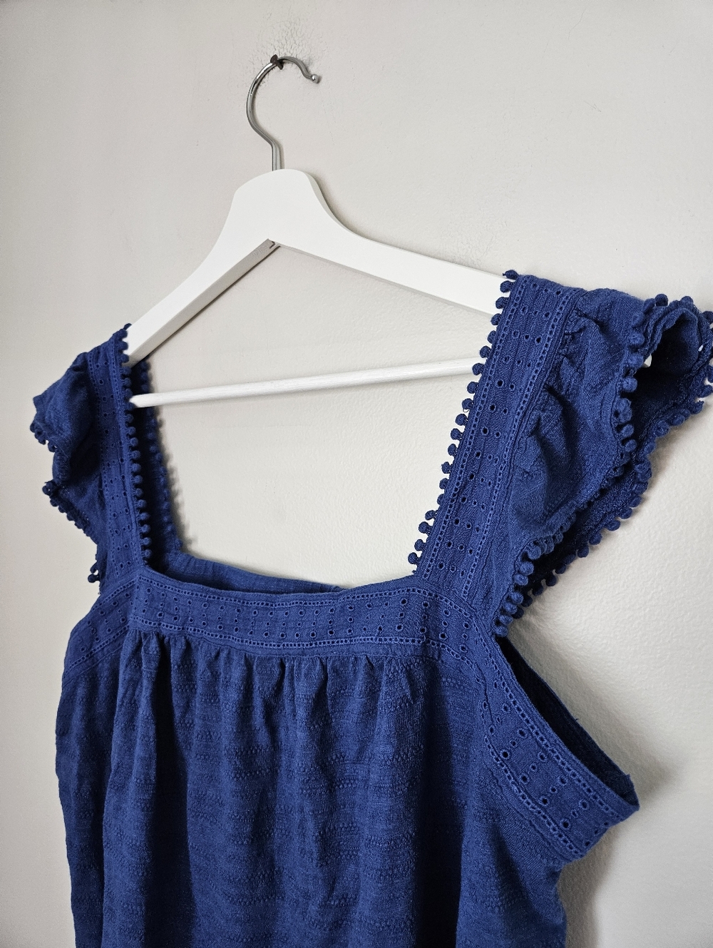 Style & Co Women’s Blue Square-Neck Eyelet Flutter Strap Tank Top Pom-Pom Trim - Picture 3 of 9